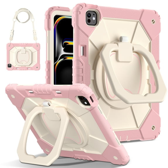 Case For iPad Pro 13 M4 (2024) Contrast Color Multi-functional Cover With 360 Rotating Stand and Shoulder Strap