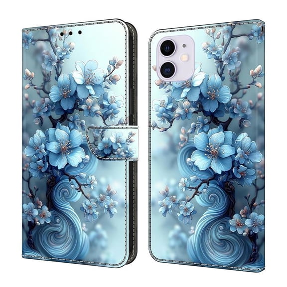 Case For iPhone 12 Crystal Material Painted Pattern With Multi-Card Holder Bills Slot, PU Leather Magnetic Wallet Case,Blue,For iPhone 12