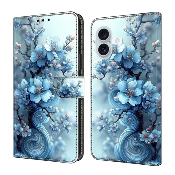 Case For iPhone 16 Plus Crystal Material Painted Pattern With Multi-Card Holder Bills Slot, PU Leather Magnetic Wallet Case,Blue,For iPhone 16 Plus
