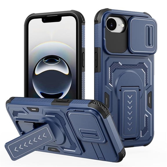 Rugged Phone Case for iPhone 17e / iPhone 16e, Military Grade Shockproof Cover with Sliding Camera Lens Protector, 2-Way Kickstand, Anti-Slip, Heavy Duty Full-Body Drop Protection,Blue