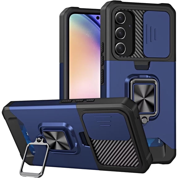 Case for Galaxy A16 5G,Military Grade TPU+PC [Built-in Magnetic Kickstand] Dual-Layer Design Card Slot Heavy Duty Shockproof Protection Phone Case for Samsung Galaxy A16 4G/5G (Navy Blue)