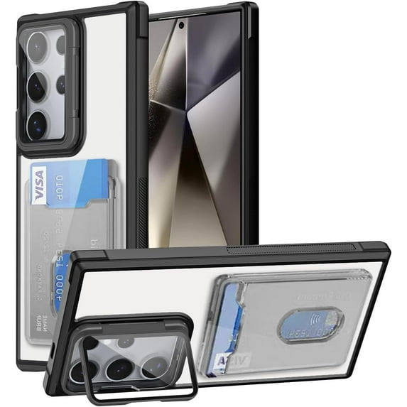 Case for Galaxy A25 5G,Military Grade Drop Wallet Case with Lens Kickstand Card Holder,Slim Protective Shockproof Transparent Phone Case for Samsung Galaxy A25 5G (Black)