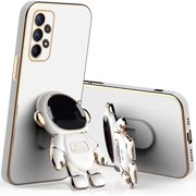 Case for Galaxy A32 5G 6D Plating Astronaut Hidden Stand Case Cover Astronaut Folding Bracket Shockproof Protective Phone Case for Samsung Galaxy A32 5G with Camera Lens Protector Cover-White