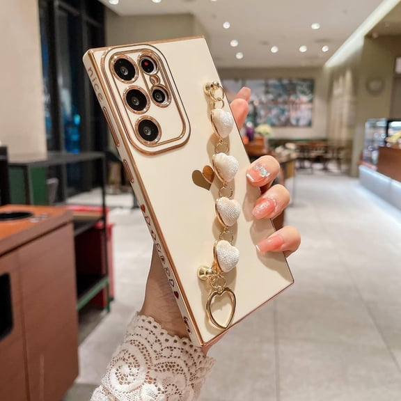 Case for Galaxy A53 5G,Luxury Fun 6D Plating Love Heart Design Plush Bracelet Soft TPU Shockproof Bumper Cute Wrist Strap Protective Phone Case for Samsung Galaxy A53 5G (Bracelet White)