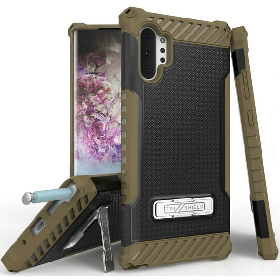 Case for Galaxy Note 10 Plus, Brown Tri-Shield [Military Grade] Rugged Cover with Metal Kickstand [Includes Wrist Strap Lanyard] for Samsung Galaxy Note 10+ Phone (SM-N975, SM-N976)
