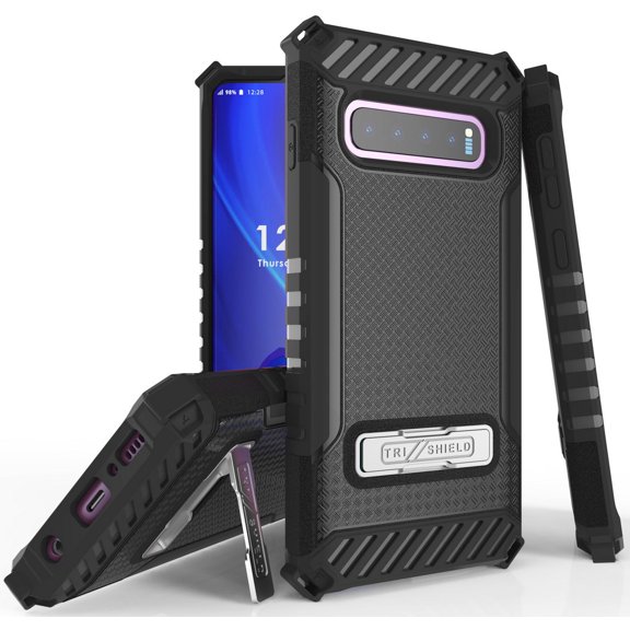 Case for Galaxy S10, Black Tri-Shield [Military Grade] Rugged Cover with Metal Kickstand [Includes Wrist Strap Lanyard] for Samsung Galaxy S10 Phone (SM-G973)