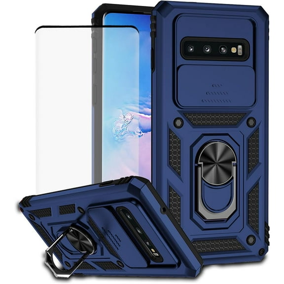 Case for Galaxy S10 Case, Samsung S10 SM-G973U (Not Fit 5G) Case with Tempered Glass Screen Protector and Slide Camera Cover, 360 Rotate Ring Stand Magnetic Cover for Samsung Galaxy S10 Blue