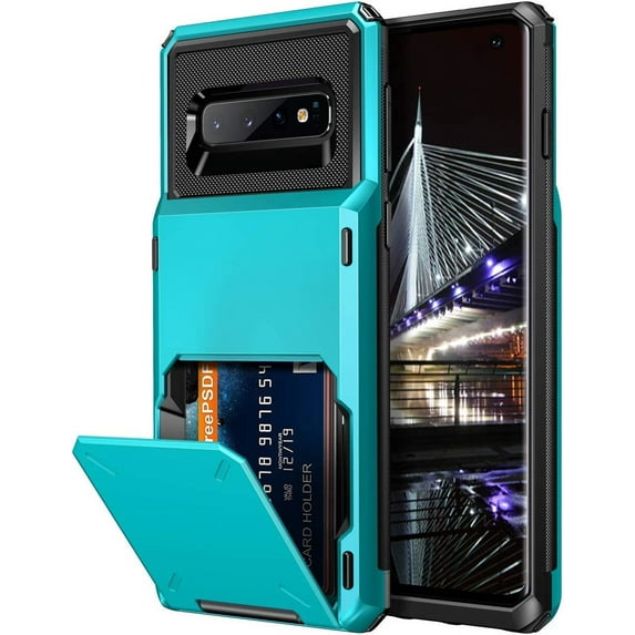 Case for Galaxy S10 Case Wallet 4 Card Pocket Credit Card Holder Slot Scratch Resistant Dual Layer Protective Bumper Tough Rubber Armor Hard Shell Cover Case for Samsung Galaxy S10 Light Blue
