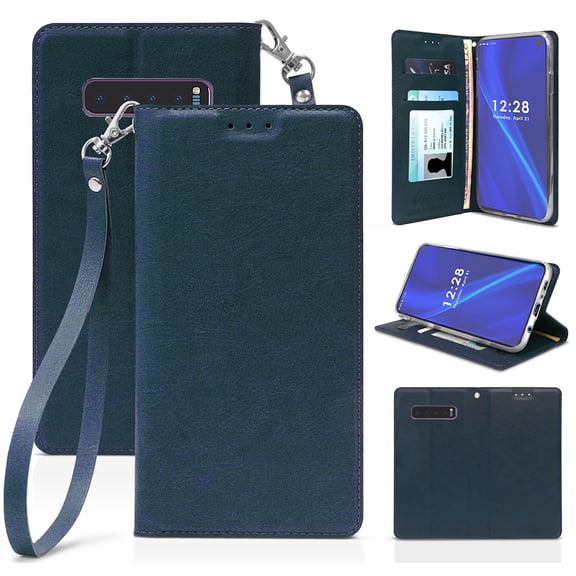 Case for Galaxy S10, New Folio Leather Wallet Credit Card Slot ID Cover, View Stand [with Subtle Magnetic Closure and Wrist Strap Lanyard] for Samsung Galaxy S10 Phone (SM-G973)