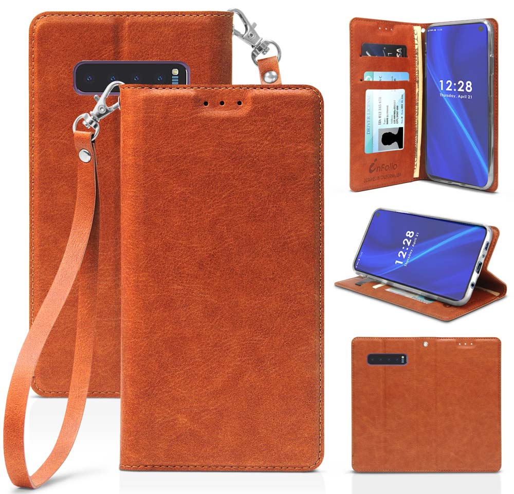Case for Galaxy S10 Plus, [Brown] Folio Leather Wallet Credit Card Slot ID Cover, View Stand [with Subtle Magnetic Closure and Wrist Strap Lanyard] for Samsung Galaxy S10 Plus Phone (SM-G975) s10+ - image 1 of 8