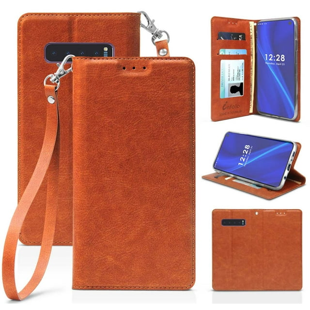 Case for Galaxy S10 Plus, [Brown] Folio Leather Wallet Credit Card Slot ID Cover, View Stand [with Subtle Magnetic Closure and Wrist Strap Lanyard] for Samsung Galaxy S10 Plus Phone (SM-G975) s10+