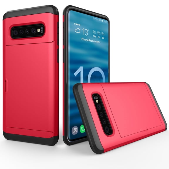 Case for Galaxy S10 Plus Case Hybrid Galaxy S10 Plus Wallet Case Dual Layer Protective Shell Hard PC Soft TPU Bumper Credit Cards Slot Cover for 2019 Samsung Galaxy S10 Plus 6.4"- Red