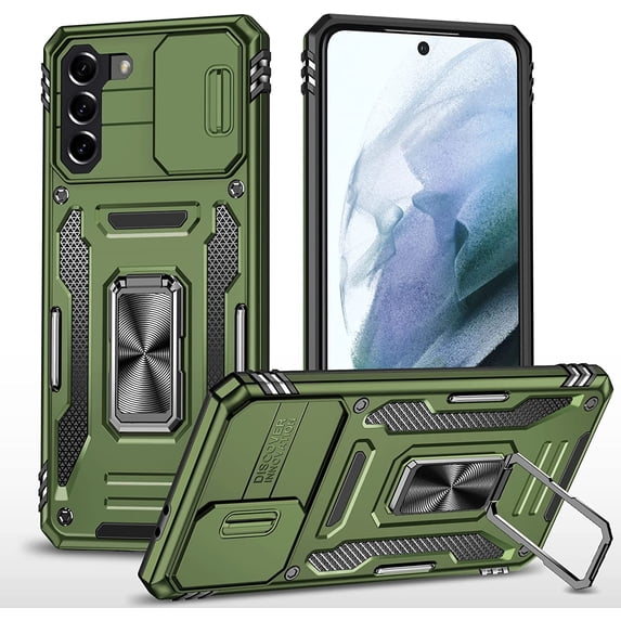 Case for Galaxy S21 Plus, Slide Lens Protective Case Shockproof Impact Resistant with Kickstand Cover Case for Samsung Galaxy S21 Plus 4G/5G 6.7 inch Olive Green
