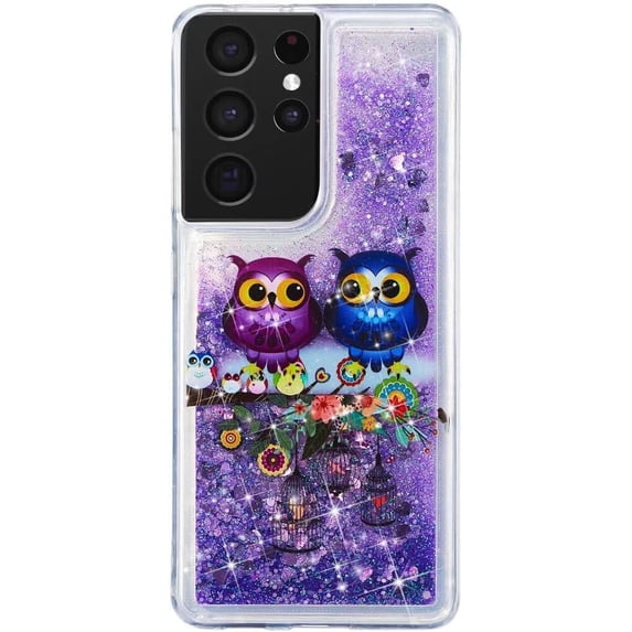 Case for Galaxy S21 Ultra,Glitter Quicksand Moving Hearts Star Flower Cartoon Animals Flowing Liquid Protective Soft Phone Case for Samsung Galaxy S21 Ultra 5G,6.8" 2021 (Purple Owl)
