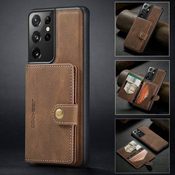 Case for Galaxy S21 Ultra, Wallet Case w/Magnetic Credit Card Holder [Kickstand Feature][4 Card Slot] Detachable Cover fit Magnetic Car Mount, Case Compatible w/Samsung Galaxy S21 Ultra- Brown