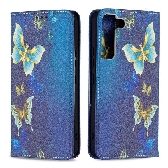 Case for Galaxy S22 5G Cover 2022, Allytech Shockproof Flip Folio PU Leather [Book Stand Feature][Card Slots Holder][Anti Scratch] TPU Bumper Case for Samsung Galaxy S22, Green Gold Butterfly