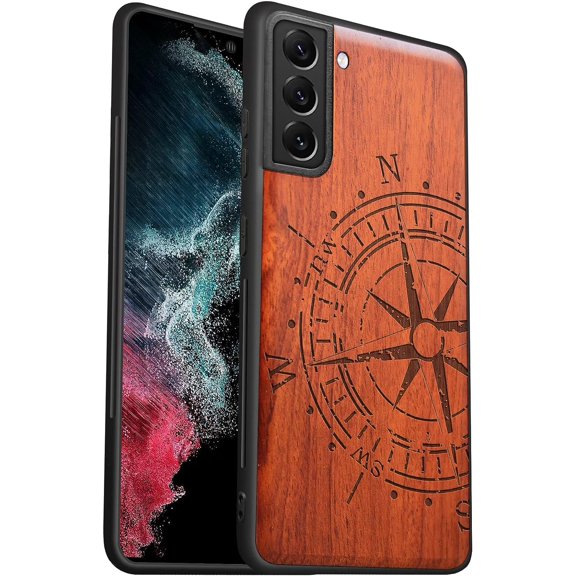 Case for Galaxy S22+ Case [Hard Real & Soft TPU] Shockproof Hybrid Protective Cover Unique & Classy Design Compatible with S22 Plus Vintage Compass Carving-Rosy