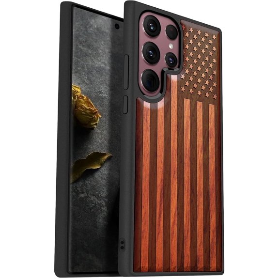 Case for Galaxy S22 Ultra Case [Hard Real & Soft TPU] Shockproof Protective Cover Unique & Classy Design Compatible with Samsung S22 Ultra American Flag Carving-Rosy