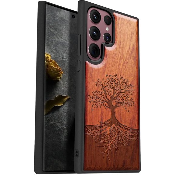 Case for Galaxy S22 Ultra Case [Hard Real & Soft TPU] Shockproof Protective Cover Unique & Classy Design Compatible with Samsung S22 Ultra Tree with Roots Carving-Rosy