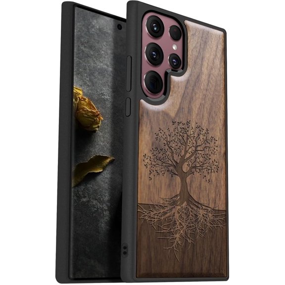 Case for Galaxy S22 Ultra Case [Natural & Black Soft TPU] Shockproof Protective Cover Unique & Classy Design Compatible with Samsung S22 Ultra Tree with Roots-Walnut