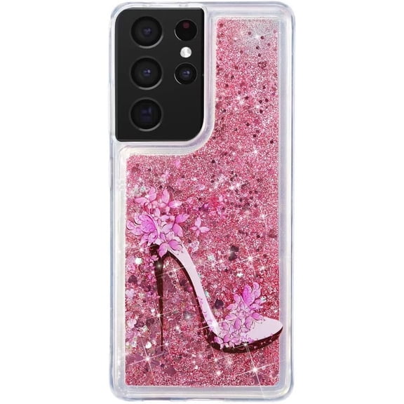 Case for Galaxy S22 Ultra,Glitter Quicksand Moving Hearts Star Flower Cartoon Animals Flowing Liquid Protective Soft Phone Case for Samsung Galaxy S22 Ultra 5G,6.8" 2022 (Pink Heels)