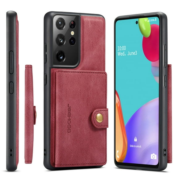 Case for Galaxy S22 Ultra, Wallet Case w/Magnetic Credit Card Holder [Kickstand Feature][4 Card Slot] Detachable Cover fit Magnetic Car Mount, Case Compatible w/Samsung Galaxy S22 Ultra- Red