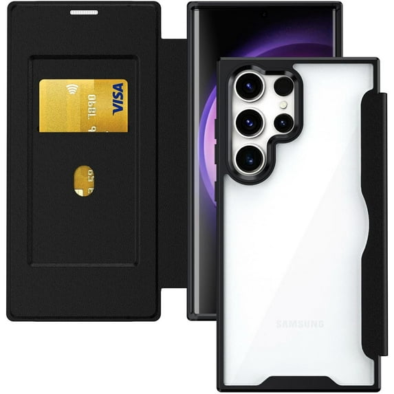 Case for Galaxy S23,Clear Back Design Heavy Duty Drop Protection Anti Theft Flip Leather Wallet Cover with Card Holder Shockproof Phone Case for Samsung Galaxy S23 5G,6.1 Inch 2023 (Black)