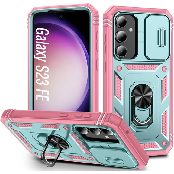 Case for Galaxy S23 FE, Slide Lens Protective Case Shockproof Impact Resistant with Kickstand Cover Case for Samsung Galaxy S23 FE 5G 6.4" (Pink Green)