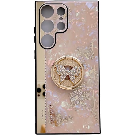 Case for Galaxy S23 Ultra,3D Butterfly Kickstand Bling Glitter Diamond Marble Ring Stand Shockproof Women Girls Rhinestone Phone Case for Samsung Galaxy S23 Ultra 5G,6.8" 2023 (DLH Gold)
