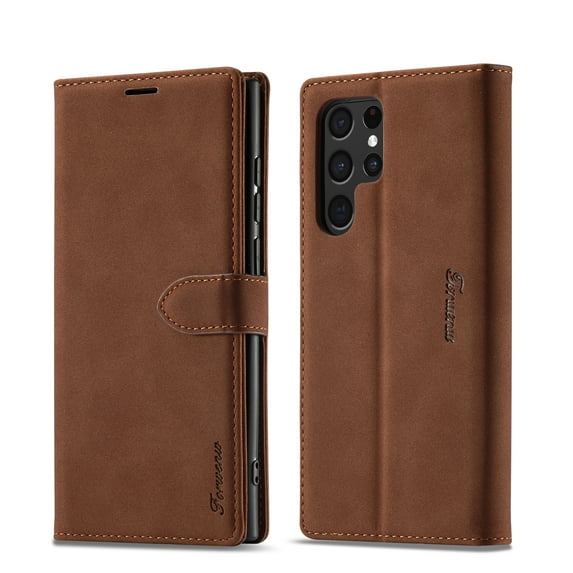 Case for Galaxy S23 Ultra Wallet Case with Card Holder Premium Leather Flip Cover Magnetic Closure Case Shockproof Pure Color Cover Kickstand Card Slots Case For Samsung Galaxy S23 Ultra, Brown