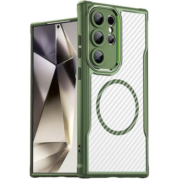 Case for Galaxy S24 Ultra,Full-Body Rugged Carbon Fibre Protective Clear Back Hybrid Magnetic Wireless Charge Shockproof Protector Phone Case for Samsung Galaxy S24 Ultra 5G,6.8 inch 2024 (Green)