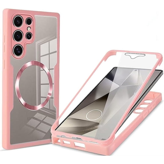 Case for Galaxy S24 Ultra,Full-Body Rugged Stylish Protective Clear Colorful Back Hybrid 3-in-1 with Built-in Screen Wireless Charging Phone Case for Samsung Galaxy S24 Ultra 5G,6.8" 2024 (Pink)