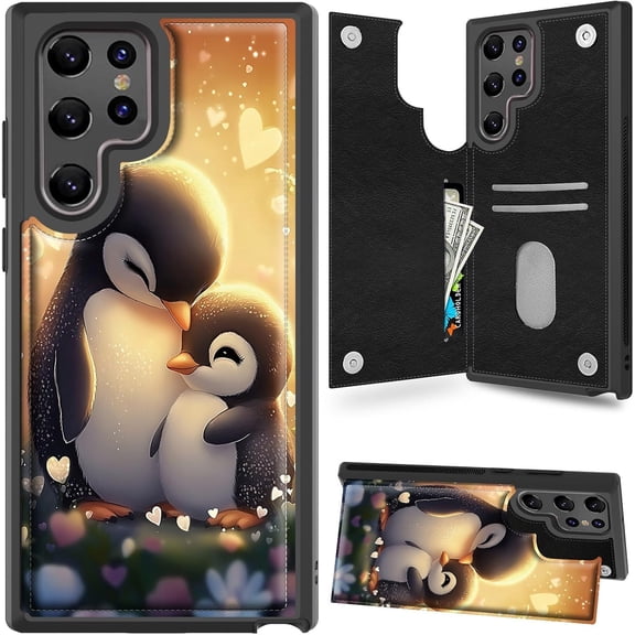 Case for Galaxy S25 Ultra Case Wallet Case with Card Holder, PU Leather Kickstand Double Magnetic Clasp Shockproof Cover Case for Samsung Galaxy S25 Ultra 6.8 inch 2025 - Cute Penguin