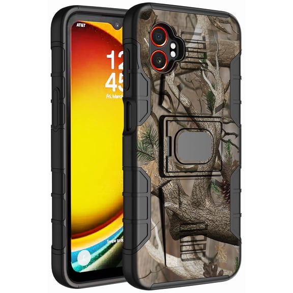 Case for Galaxy XCover 7 Pro, Nakedcellphone Rugged Ring Grip Cover with Stand [Built-In Mounting Plate] for Samsung XCover7 Pro Phone (2025, SM-G766) - Outdoor Bush Camo Tree Design