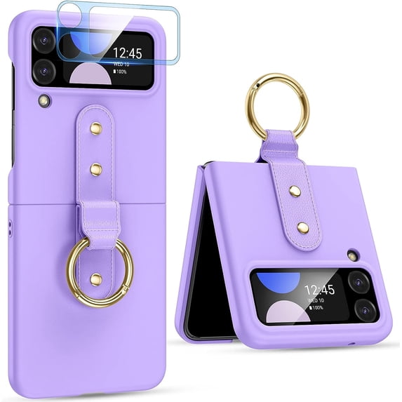 Case for Galaxy Z Flip 4 5G (2022), Z Flip 4 Ultra Slim Case with Metal Ring Holder & Camera Screen Protector for Women Girls, Matte PC Protective Case Cover for Samsung Galaxy Z Flip 4 - Purple