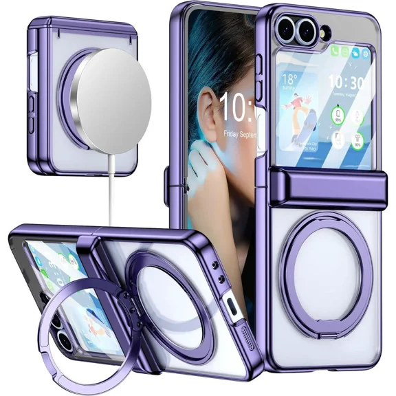 Case for Galaxy Z Flip 7 FE/Flip 6/5, Compatible with MagSafe, Built-in Kickstand & Screen Protector & Hinge Protection, Protective Phone Case Plating Cover for Samsung Galaxy Z Flip 7 FE/6/5