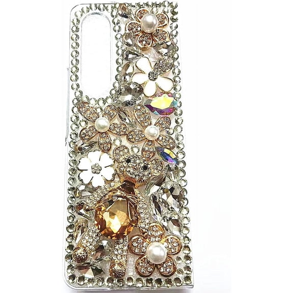 Case for Galaxy Z Fold 3,3D Handmade Luxury Sparkle Rhinestone Crystal Diamond Bling Glitter Girl Women Shockproof Drop Protect Phone Case for Samsung Galaxy Z Fold 3 5G,2021 (Bear Color)