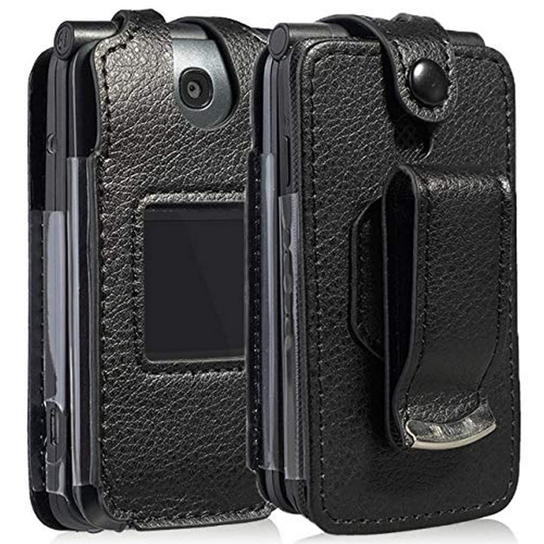 Case for Go Flip Phone Black Vegan Leather Form Fit Cover with Built in Screen Protection and Metal Belt Clip for Alcatel Go Flip V MyFlip QuickFlip AT T Cingular Flip 2 Walmart