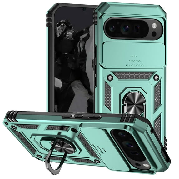 Case for Google 9 Pro with Camera Lens Sliding Cover, Heavy Duty Rugged Ring Holder Stand Case, Military Grade Drop Resistant Protection Magnetic Car Mount Shockproof Case for Google 9 Pro, Darkgreen
