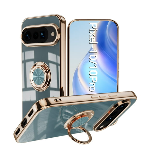 Case for Google Pixel 10 /10 Pro Case with Ring Stand [360° Rotatable Ring Holder Magnetic Kickstand][Support Car Mount] Plating Rose Gold Edge Soft Flexible TPU Luxury Phone Case, Gray