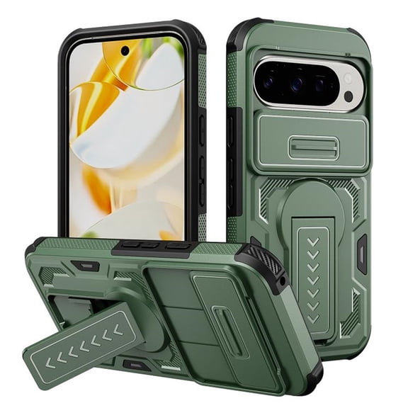 Rugged Phone Case for Google Pixel 10 / Pixel 10 Pro, Military Grade Shockproof Cover with Sliding Camera Lens Protector, 2-Way Kickstand, Anti-Slip, Heavy Duty Full-Body Drop Protection,Green