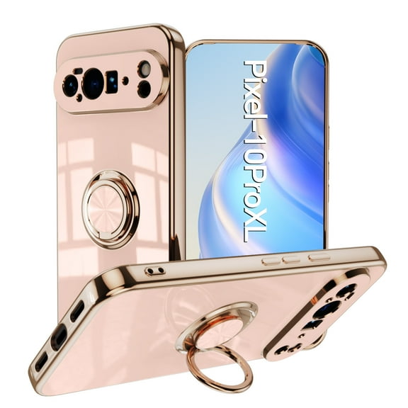 Case for Google Pixel 10 Pro XL Case with Ring Stand [360° Rotatable Ring Holder Magnetic Kickstand][Support Car Mount] Plating Rose Gold Edge Soft Flexible TPU Luxury Phone Case, Light Pink