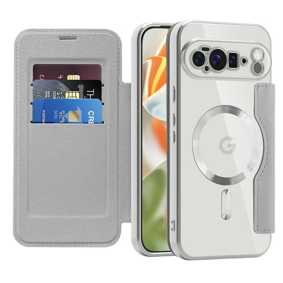 Case for Google Pixel 10 Pro XL Case Wallet Compatible with Magsafe, Shockproof Full Protective Flip Folio Wallet Case with RFID Blocking Card Slots PU Leather Cover with Lens Protector - Grey