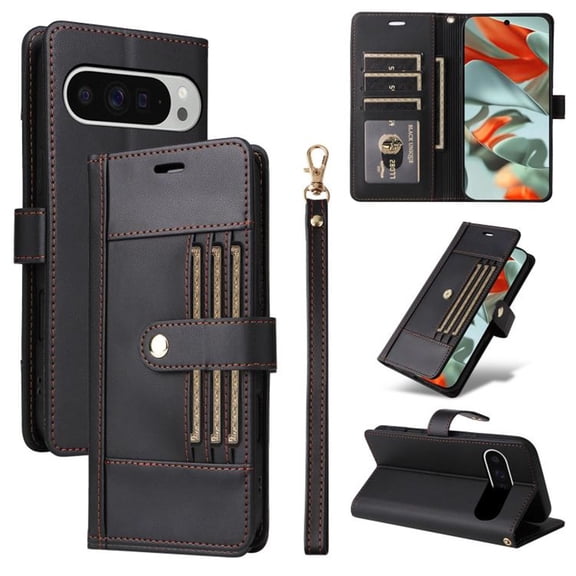 Case For Google Pixel 10 Pro XL / Pixel 9 Pro XL 6.8" RFID Blocking Protective Purse Case With 6-card Slots Kickstand Shockproof Protective Buckle Leather Cover,Black