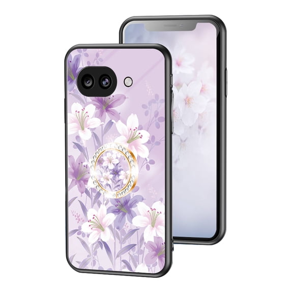 Case for Google Pixel 10a, Tempered Glass Back + TPU Frame, Floral Pattern Diamond Ring Stand Ultra Slim Lightweight Anti-Scratch Back Case Drop Protective Support Magnetic Car Mount - Purple