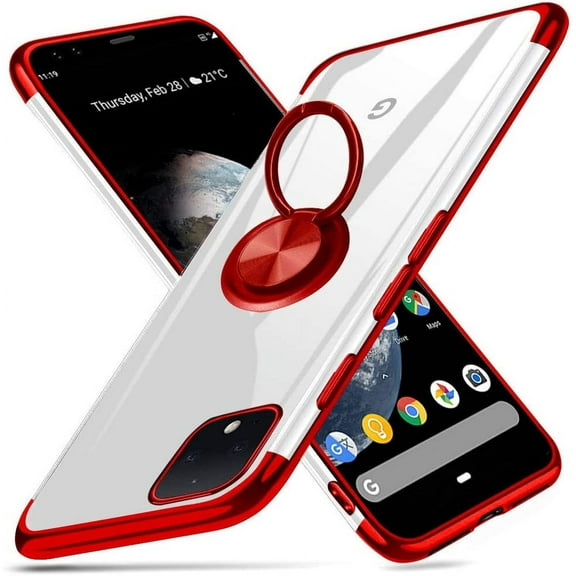 Case for Google Pixel 4 Case 5.7" Clear Back Ultra Thin Ring Holder Shockproof Electroplate Soft TPU Flexible Silicone Bumper Phone Case for Google Pixel 4 - Red