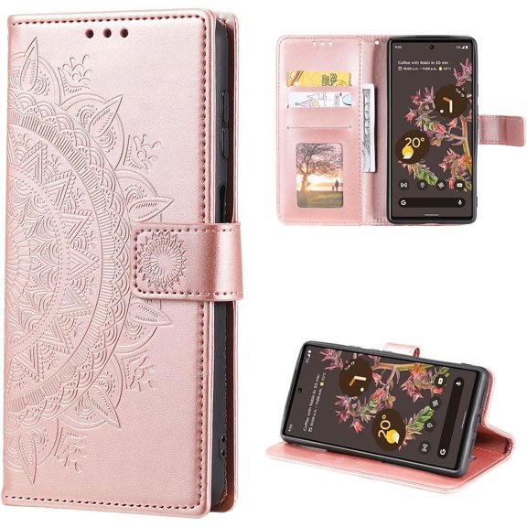 Case for Google Pixel 6, Premium Leather Flip Wallet Case with Card Slots Holder Kickstand Hand Strap Mandala Half Flower Design Embossed Shockproof Cover Case - Rose Gold