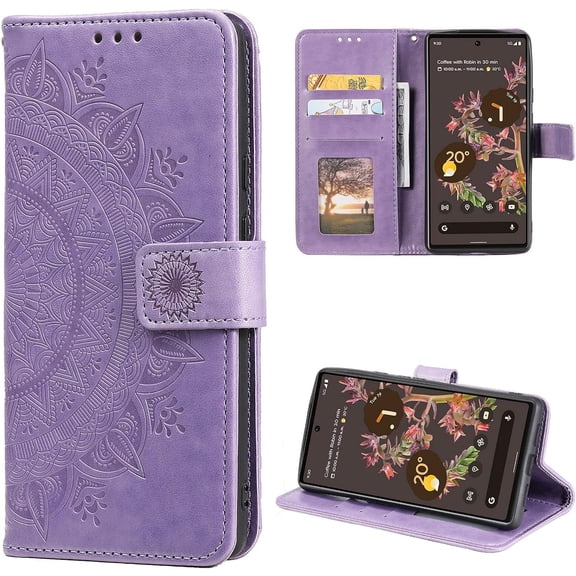 Case for Google Pixel 6, Premium Leather Flip Wallet Case with Card Slots Holder Kickstand Hand Strap Mandala Half Flower Design Embossed Shockproof Cover Case - Purple