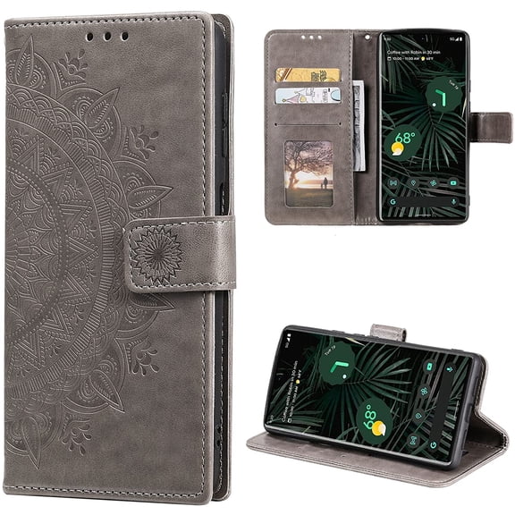 Case for Google Pixel 6 Pro, Premium Leather Flip Wallet Case with Card Slots Holder Kickstand Hand Strap Mandala Half Flower Design Embossed Shockproof Cover Case - Gray