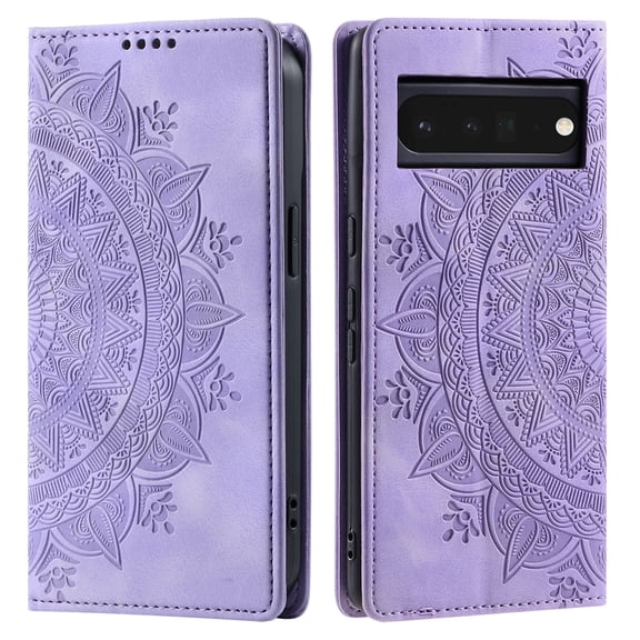 Case for Google Pixel 6 Pro Wallet Case for Women Girls with Card Holder, Embossed Flower Pattern Magnetic Flip PU Leather Purse Protective Phone Cover for Google Pixel 6 Pro, Purple